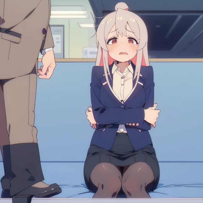 indoor,((classroom)),,Focus from below, Green Eyes, Grey Hair, hair ornaments, bangs, Virtual YouTuber, blunt bangs, Double Bang, Animal ears, Flat Chest,uniform,Pink Panties,blush,in heat,steam,1boy, male,Piggyback ride,Cover your face with your skirt,Men are down,Woman on top