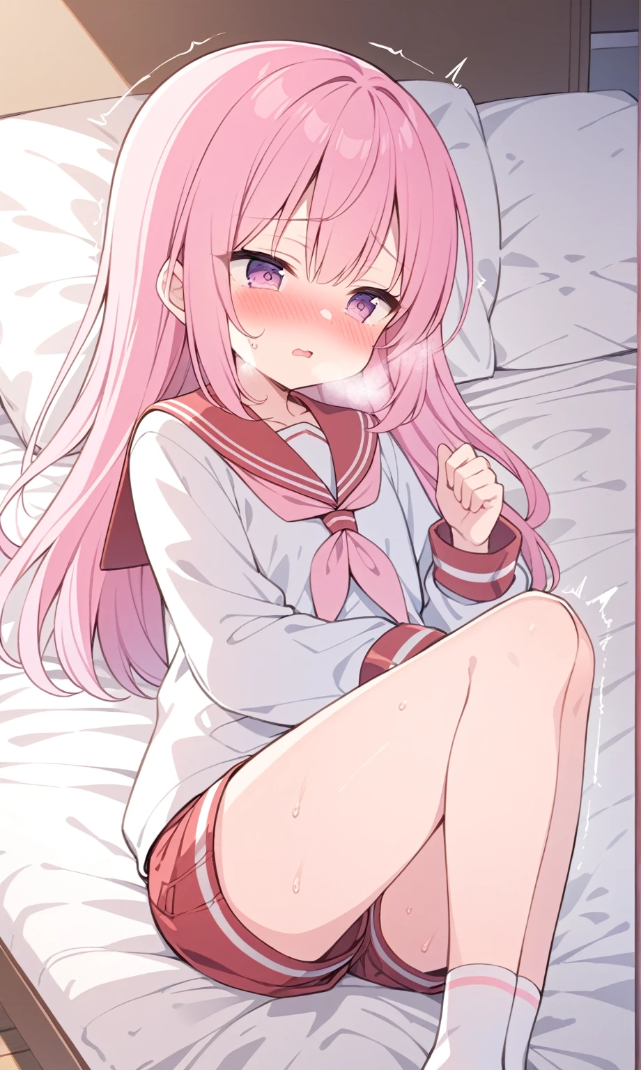 ((orgasm)、blush、Embarrassing、trembling、Cramp、Tears、Open your mouth、Peeing:1.5)、Beautiful illustrations, Highest quality, (12-year-old girl:1.4)、(pretty girl:1.5)、 girl、Flat Chest、Sailor collar、(White long tunic:1.4)、Long sleeve sailor suit、Blue-line cuffs、(Pink Chino Shorts:1.7)、(Pink shorts with wide openings:1.6)、Gap between thigh and shorts、Thin thighs、White socks、 Cinema Lighting, (Pink long hair)、Pink Straight Hair、Redness on the cheeks、(Braiding of the back of the head)
