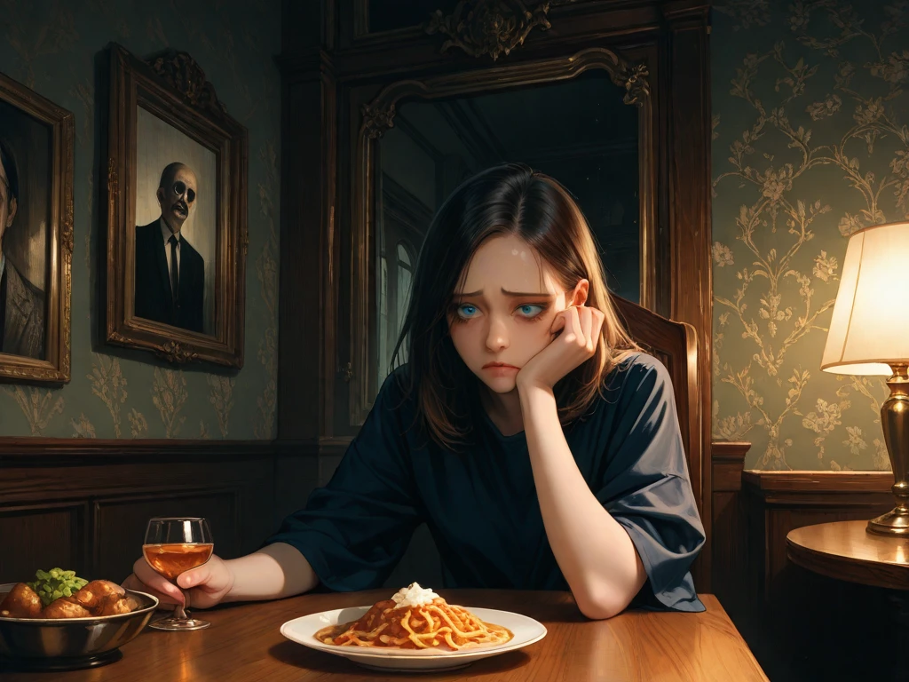 Western-style restaurant, A 20-year-old girl sits at a dining table, There are wine glasses on the table with red wine,Western plate,lamplight