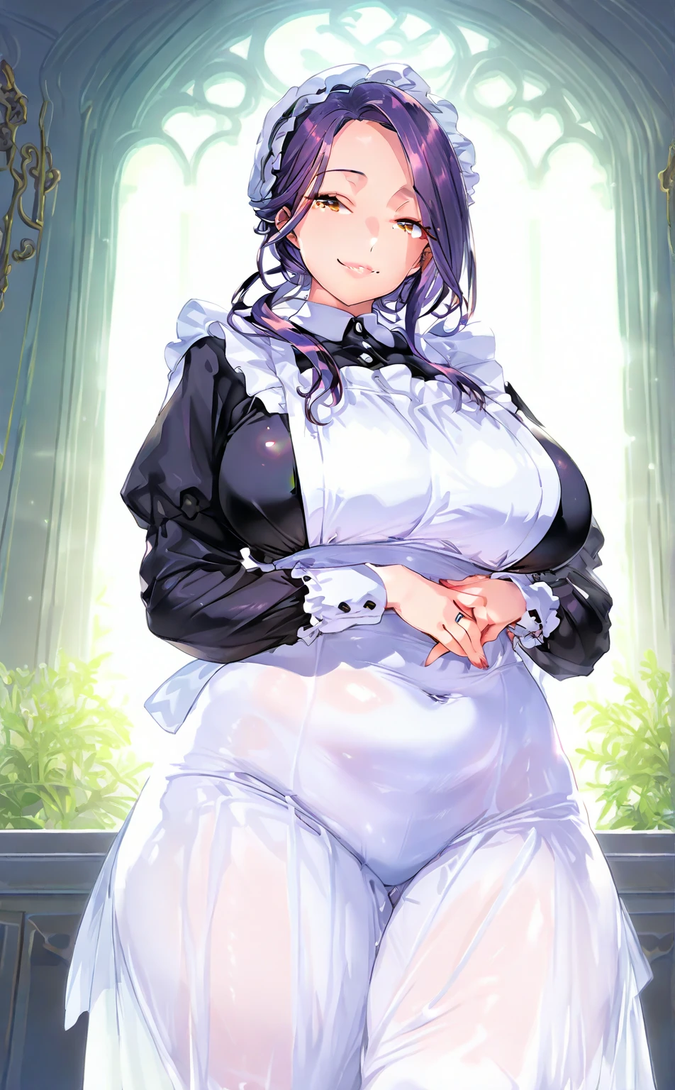 masterpiece, highres, best quality, 1girl, solo, breasts, pantyhose, medium breasts, cleavage, looking at viewer, short hair, full body, short sleeves, bangs, shoes, vertical stripes, puffy sleeves, black pantyhose, smile, puffy short sleeves, blush, maid headdress, shiny, striped, dress, blue footwear, shiny hair, v arms, skirt, closed mouth, maid, collarbone, mary janes, detached collar, striped dress, waitress, striped skirt, frills, hairband