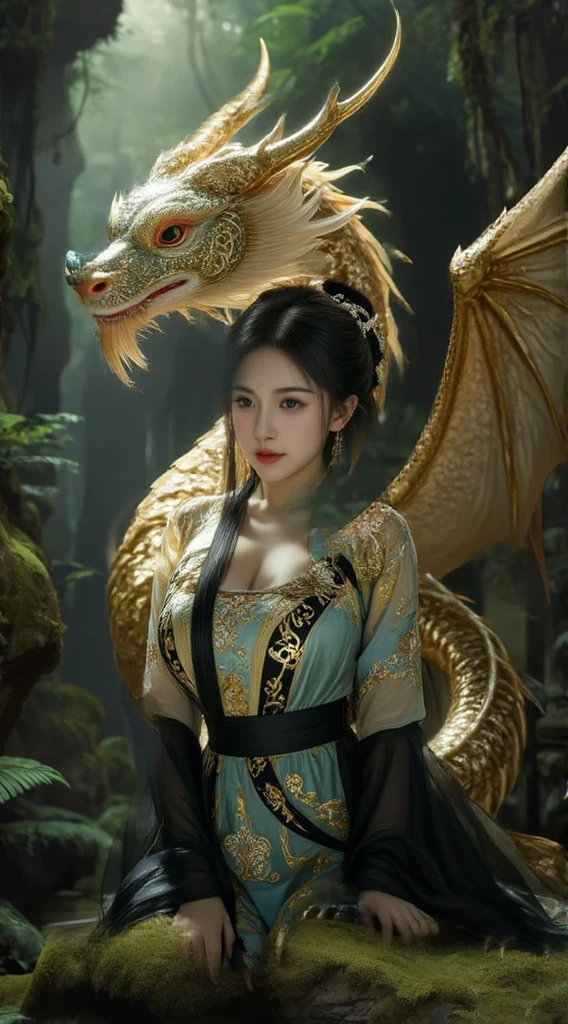 a beautiful woman in a green and white dress standing next to a dragon, masterpiece