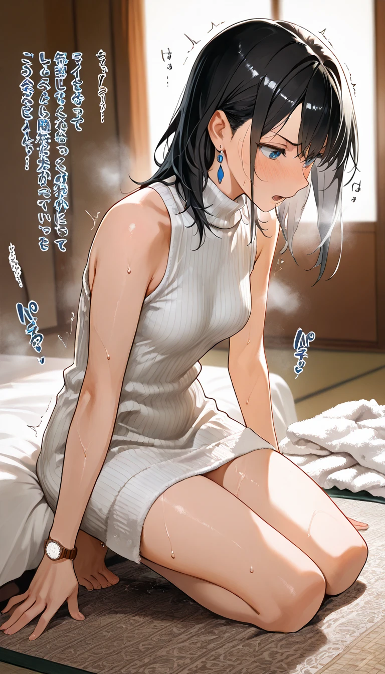 (masterpiece), (best quality), (ultra-detailed), very aesthetic, illustration, perfect composition, intricate details, absurdres, detailed face, (intricate),1girl, (kirigaya suguha, sword art online, green eyes, black hair, medium breasts, solo), (shy, blash,embarrassed), (narrowed eyes), (glowing eyes:1.2), bathtowel, sit, glare, bathroom, perfect face, 4k, extremely detailed anime illustration,, enhanced details,cowboy shot,perfect anatomy,smooth skin, (photo background), cristal clear eyes, beautiful face,(anime style:1.5), (highres),