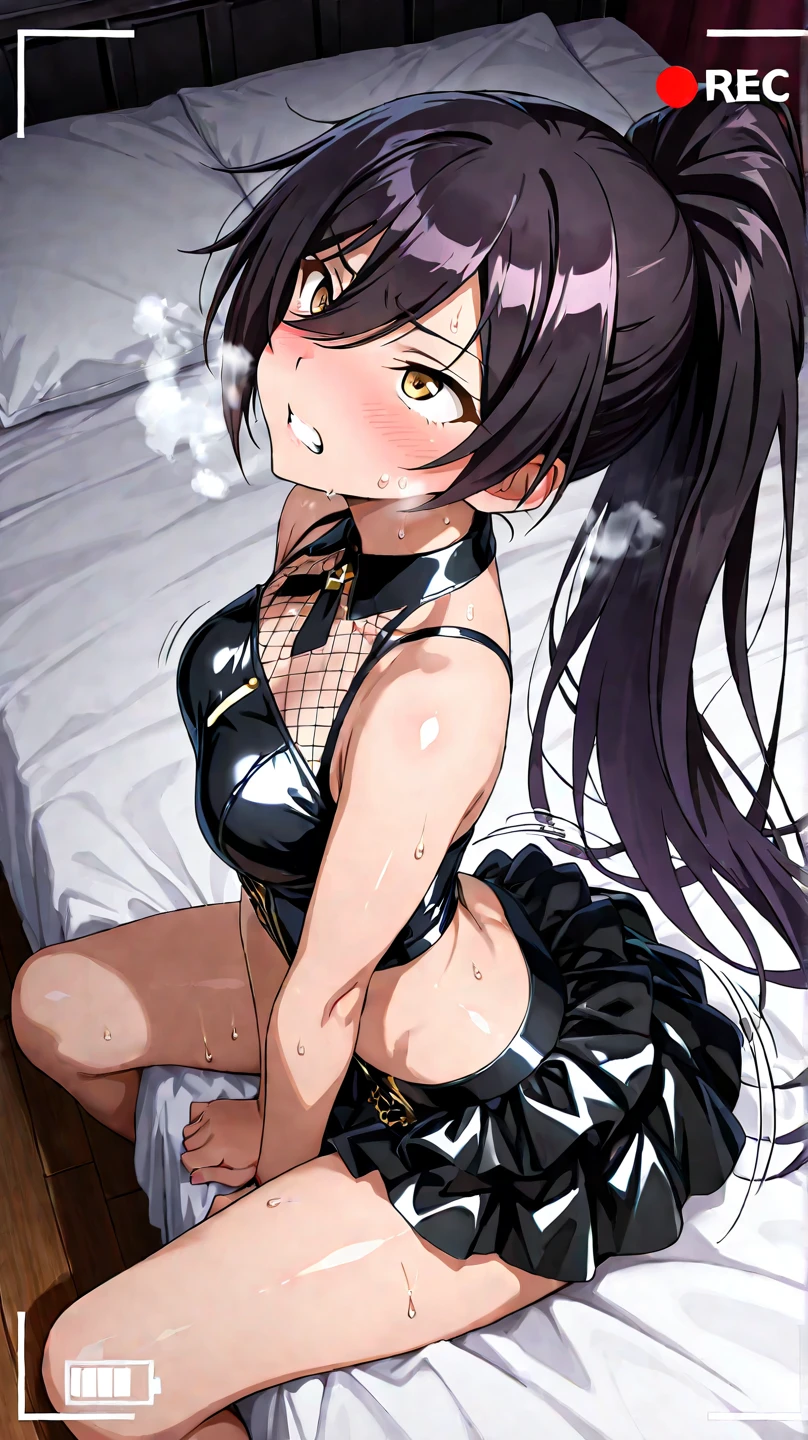 masterpiece, best quality, Matoba Risa, solo, , (petite), black_hair, long_hair, twintails, yellow_eyes, ribbon, hair_ribbon, jewelry, necklace, hair_between_eyes,
seductive smile, :o, sitting, (bra lift), small breasts, nipples show off, panties, hotel room,