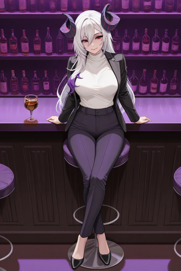 Absurd, High resolution, Super detailed, Emilia, Gray Hair, Purple eyes, Long Hair, Medium chest, Playboy Bunny, Bunny ears, Black Pantyhose, leotard, embarrassed, blush, View your viewers, Cowboy Shot, indoor, bar、Sitting、足を組んでSitting、High heels