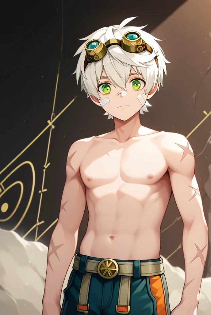 Anime style, Highres, Masterpiece, Best quality at best,Best Quality,hight quality, hight detailed, sarada, 1boy, Young boy, handsome, Grey hair, Shirtless, Topless, Belt, Slim body, Body, Short body, Undercut hair, perfect face, detailed eyes and face, gold eyes, shy expression, clean shaved, muscular, capturing a rural atmosphere, dynamic lighting, 10-Year-Old-Boy, (Showing armpit:1.3), Earring, Choker, Sweat, Simple beckground
