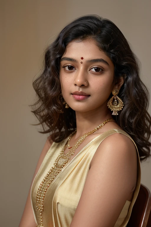 Half photo of a woman, wearing kasavu saree, flat matte background <lora:kasavu_saree:0.8>, RAW photo, detailed skin, 8k uhd, dslr, soft lighting, high quality, film grain, Fujifilm XT3