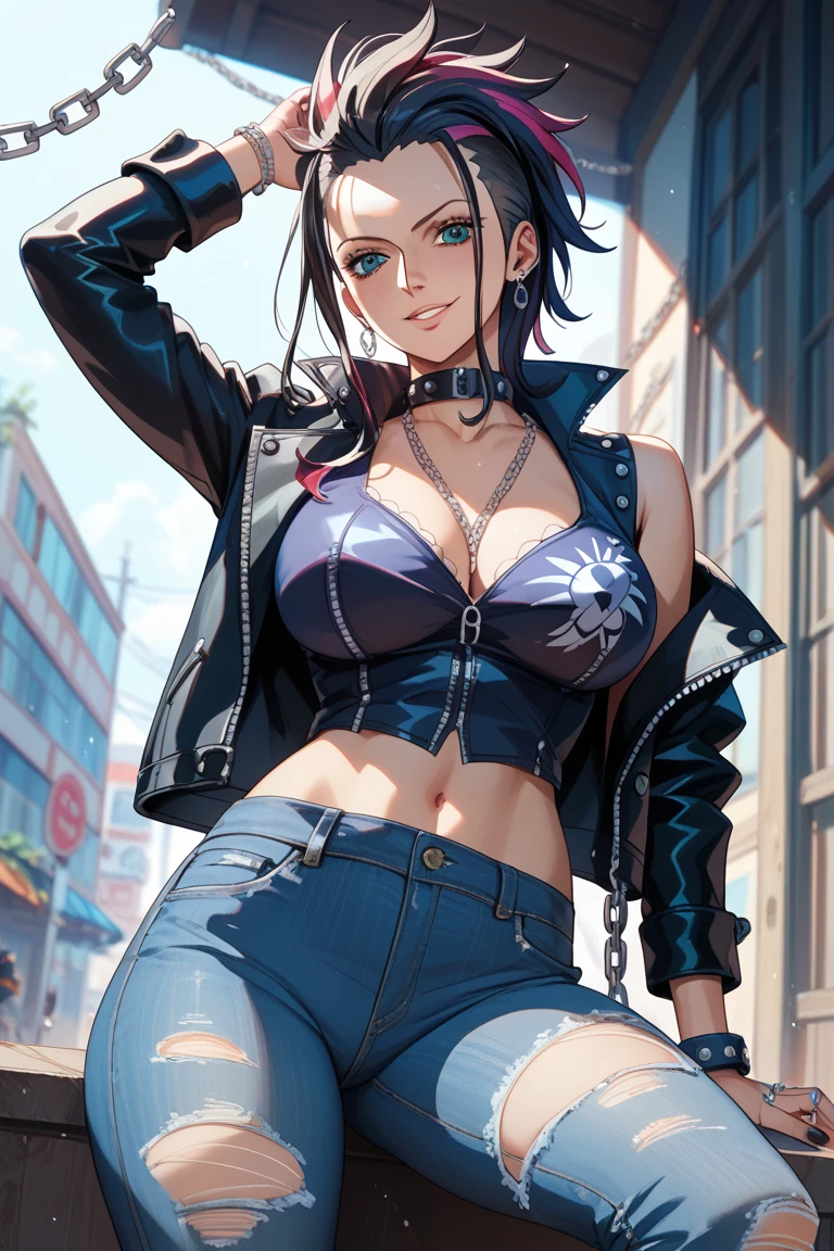 (work of art:1.2, best qualityer), (1 lady, standing alone, trunk:1.2), body hair: shaved on one side, a long time on the other side, dyed bright blue, make up: audacious, graphic eyeliner with rhinestones on the outer corners of the eyes, badass clothing: one made by hand, one of a kind, patchwork jacket with fringe, paired with black leather shorts and fishnet stockings, Accessories: a silver nose ring and multiple ear piercings with unique jewelry, Attend a music festival or alternative fashion event
