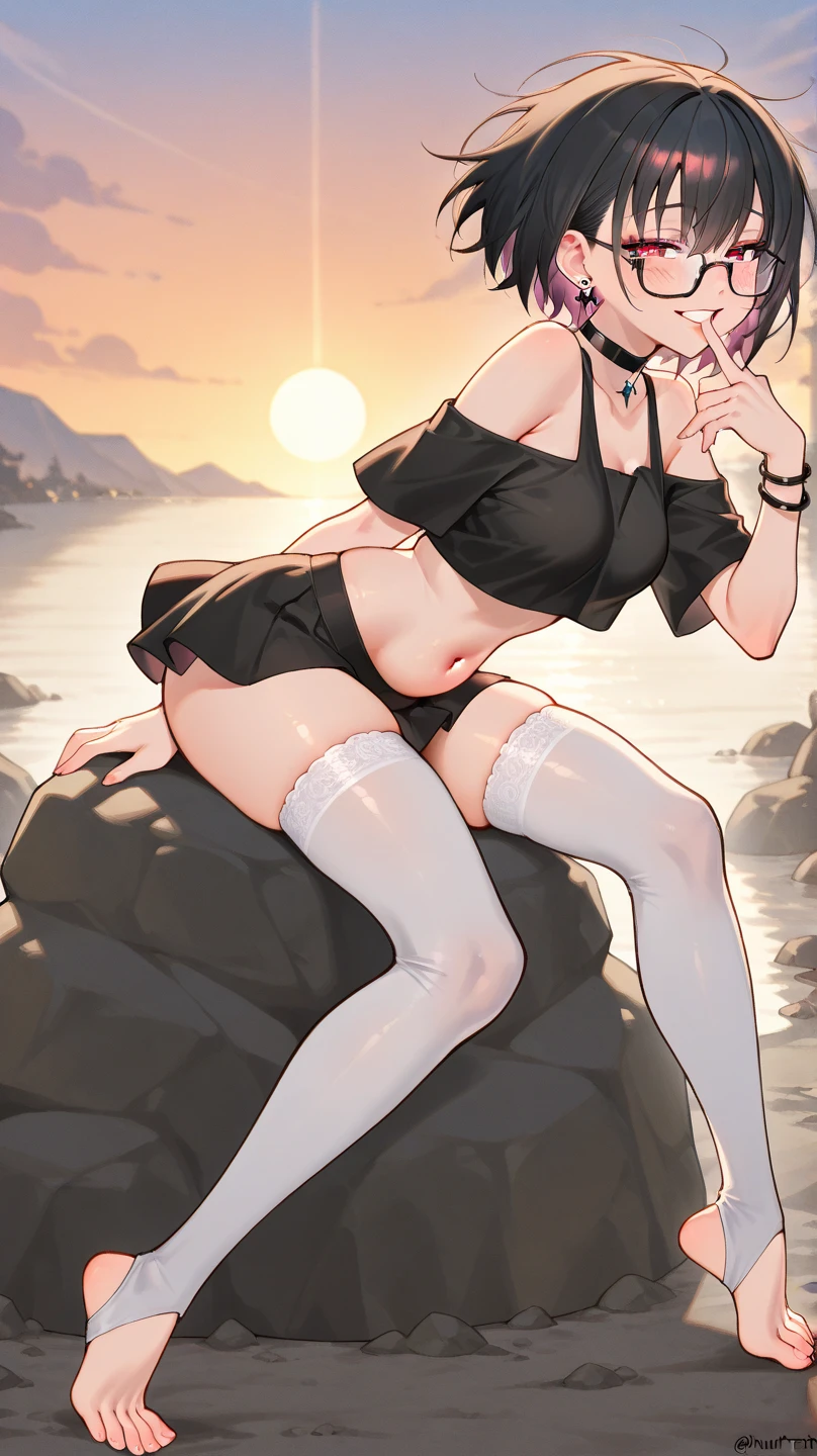 nsfw,anime screencap,official art,sex with one man,creampie,micro bikini,black stockings,nipples standing out from under clothing,spread legs,lying down,boobs,large breasts,big areola,plump body,gleaming skin,pale skin,beautiful face,moaning,ponytail,lightgrey hair,orangered eyes,from above,sea,anime style,high quality,masterpiece
