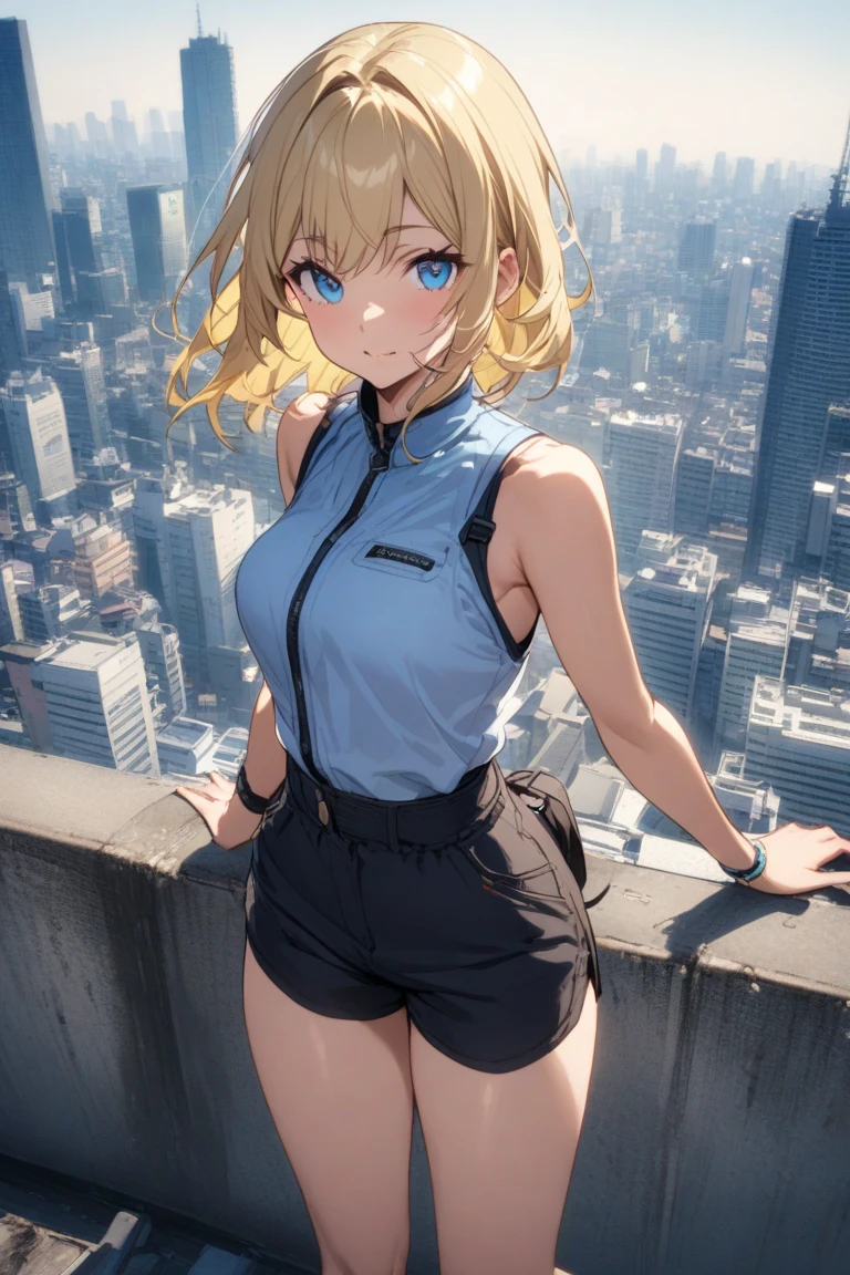 1girl, medium blonde hair, blue eyes, wearing plain black shirt, black leggins, city, absurdres, high res, ultrasharp, 8k, masterpiece, looking at viewer
