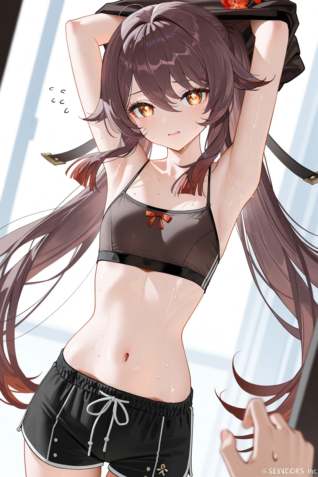(masterpiece, best quality), best resolution, (2heads:1.5), 1girl, nanashi mumei character, extremely long brown hair, extremely long ponytails braided together, hair between heads, hair reaching floor, brown eyes, different facial expressions, tired, happy, heads looking at each other, heads tilted inwards, cheek of left head squashing cheek of right head, cheek of left head fused with cheek of right head, left head's mouth open, black sports bra, black sports pants, hand on forehead, wiping sweat from brow, gym