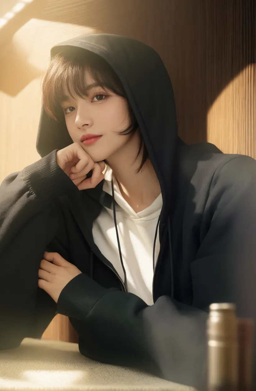 (realistic, High resolution:1.3), One girl with perfect figure, very detailed face and eyes, short hair, small breasts、(Ichiro Yamada&#39;s costume),  at the cafe, coffee on the table, red and blue jacket、white inner hoodie、jeans、blue colored contact lens on right eye、yellow contact lens on left eye