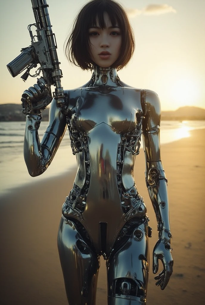 (masterpiece, best quality)
AtomicW, 1girls, (metallic skin, no face, robot:1.3), at the beach, , micro bikini, sunshine, big , big ass, side view