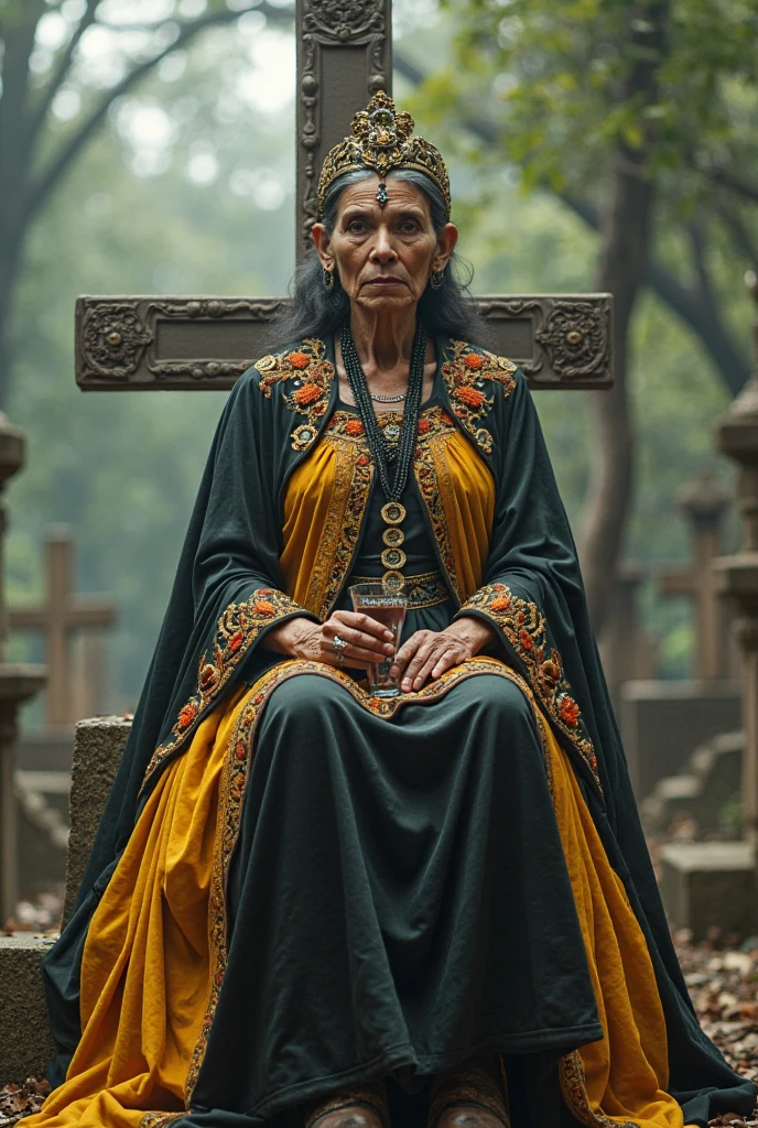 ((painting style)) (full body)(sitting on floor) (dark red ambience) (doing black magic creatures) (a cruel smile on her face) (scary ambience) A terrifying old Indian woman tantrik priest, piercing dark eyes, holding ominous black magic instruments, wearing a black saree, sitting and performing dark rituals, detailed eyes, cruel face, haunting atmosphere, chiaroscuro lighting, dark and moody colors, gothic horror, skull, blood, crows, intricate details, cinematic composition, dramatic shadows,