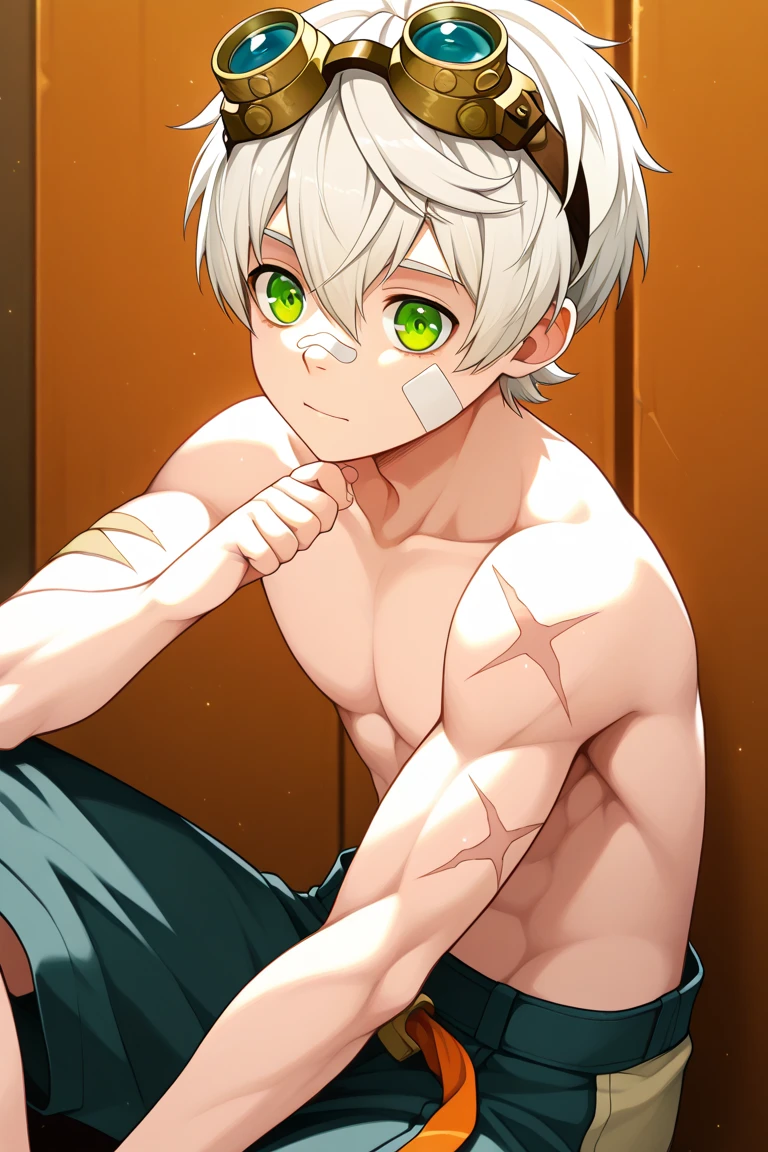 masterpiece, best quality, high quality, 1boy, solo, male focus, looking at viewer, showing his muscle, showing knees, on bed, shirtless, shirt off, asta, green eyes, headband, grey hair, spiked hair, medium body, showing his penis, showing ????, ?????, sleeping, lying on bed.