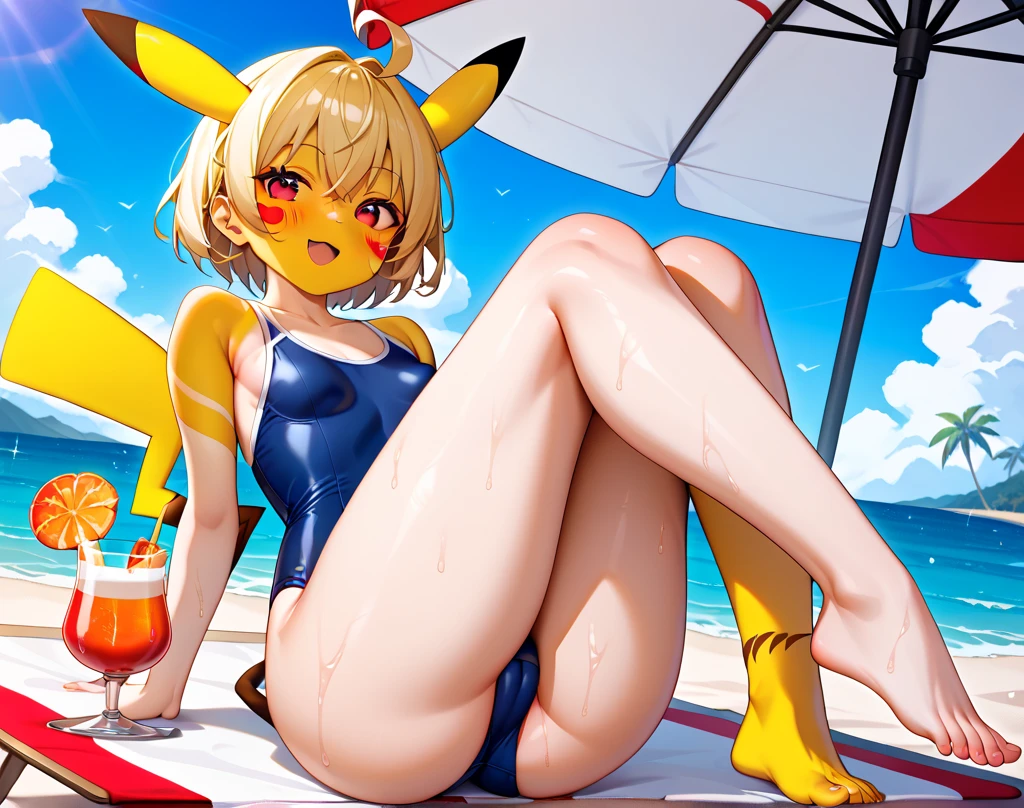 alone, score_9,score_8_up,score_7_up, anthro female pikachu, blue stripped bikini, beach background, standing, happy, sunglasses.