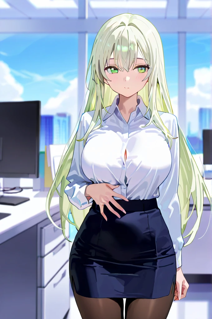 (masterpiece, best quality, very aesthetic, ultra detailed), intricate details, highly detailed background, perfect lightingbest quality, kokonoeshinobu, solo, indoors, office, office lady, green hair, swept bangs, long hair, yellow eyes, large breasts, See Through black jacket, open jacket, See Through blazer, See Through business suit, See Through white shirt ,See Through belt, See Through black skirt, See Through pencil skirt, See Through skirt suit, smile, open mouth, :d, pink lips, solo, nsfw ,nipple, See Through,
