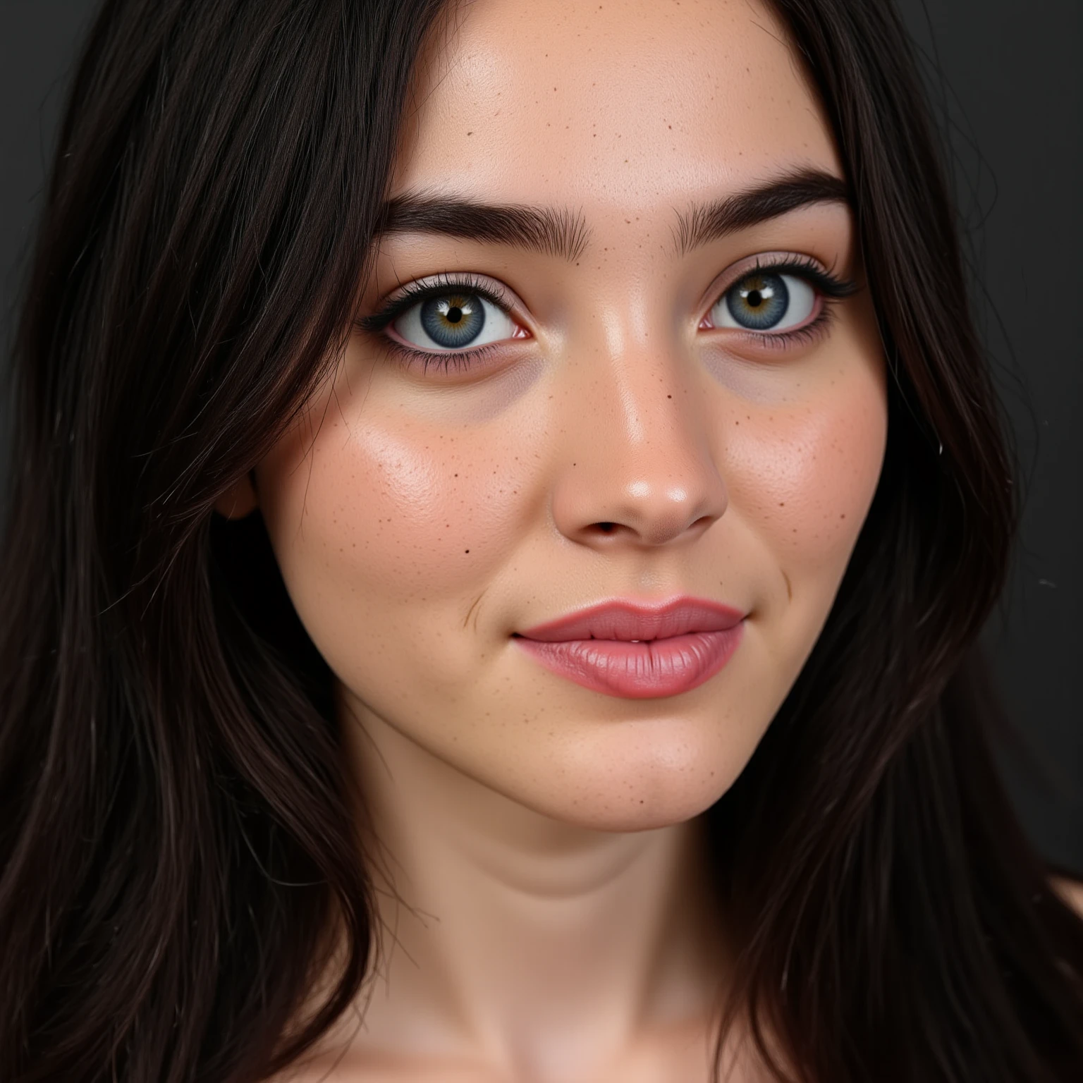 She has an oval face with high cheekbones, a defined jawline is Asian, japanese. His eyes are large and almond, black in color, with long eyelashes and thick, arched eyebrows, with a small scratch on his right eyebrow. His nose is small and straight, and she has full, wide lips. His hair is black with a green streak on the left side., short and smooth, usually worn loose with a fringe that partially covers the forehead. Her skin is fair with lots of freckles on her nose and rosy cheeks.. UM CLOSEUP DO BUSTO DE CROPPED, ANGLE FROM TOP TO DOWN.