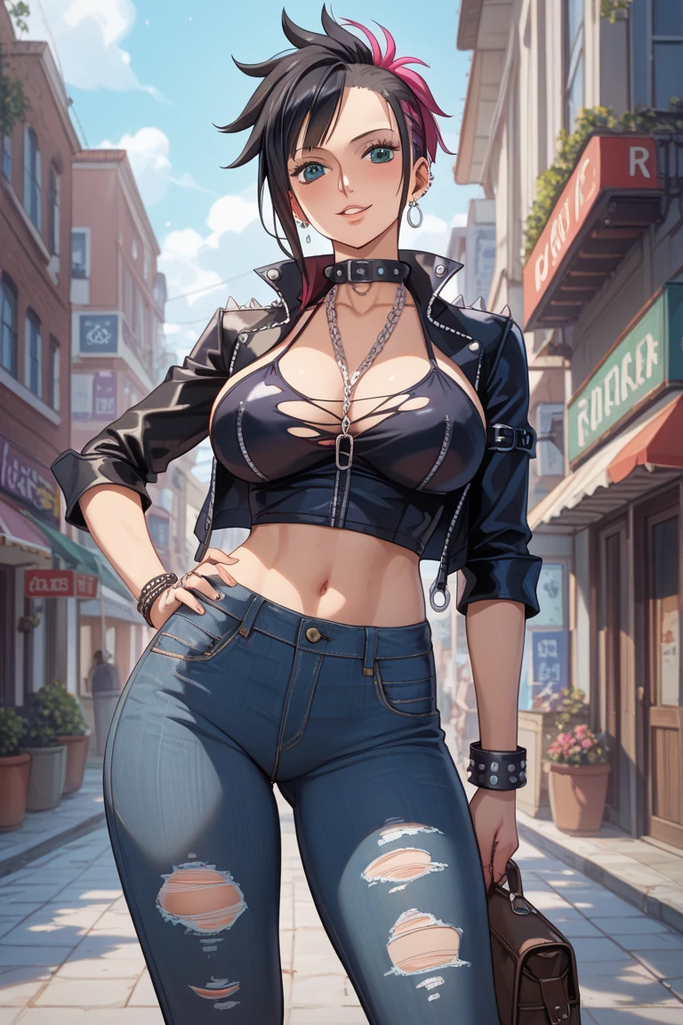 One woman,Big Breasts,Long black hair ponytail,Tube top,leather jacket,Denim shorts