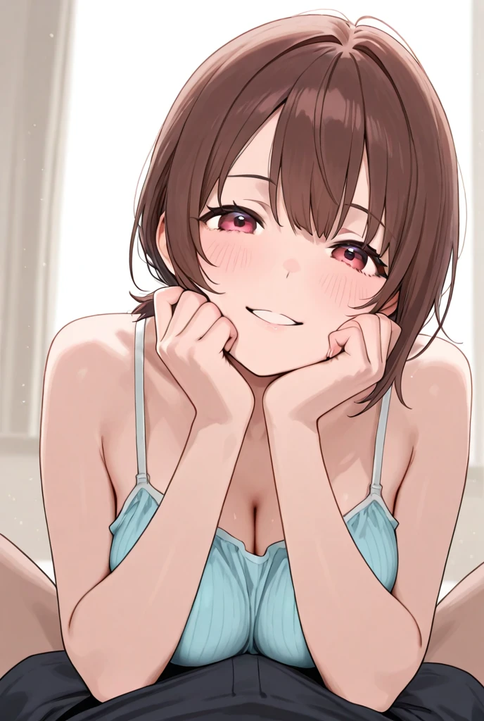 masterpiece, (best quality),1girl, aoihinami, short hair, green eyes, red bikini, flirty, smile, hair between eyes, sitting on bed, ,natural lighting, beautiful, (detailed face:1.2), (perfect eyes:1.1), looking a viewer, bedroom,