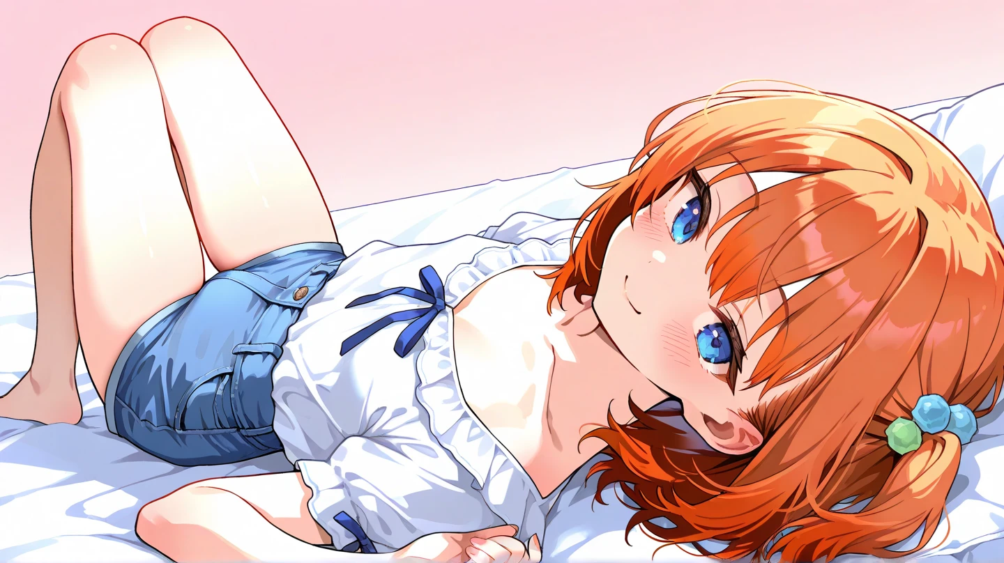 <lora:Mariel_Legrand:0.8>, Mariel, 1girl, solo, blue eyes, short hair, ass, lying, orange hair, on side, smile, nightgown, pillow, pajamas, bed, on bed, no panties, barefoot, white_panties,
masterpiece, high quality, very_high_resolution, large_filesize, full color,