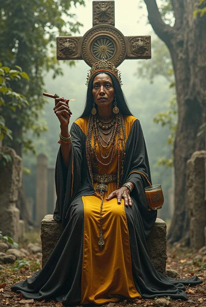 ((painting style)) (full body)(sitting on floor) (dark red ambience) (doing black magic creatures) (a cruel smile on her face) (scary ambience) A terrifying old Indian woman tantrik priest, piercing dark eyes, holding ominous black magic instruments, wearing a black saree, sitting and performing dark rituals, detailed eyes, cruel face, haunting atmosphere, chiaroscuro lighting, dark and moody colors, gothic horror, skull, blood, crows, intricate details, cinematic composition, dramatic shadows,
