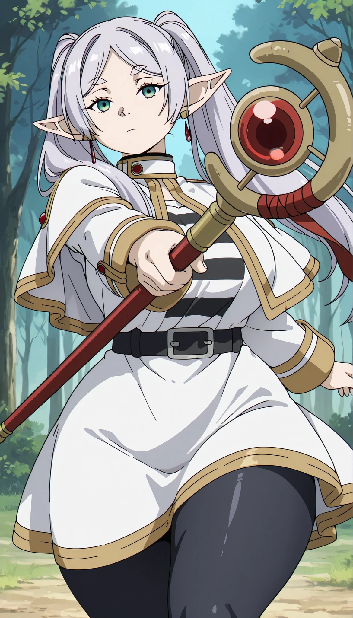 Frieren,sousou no Frieren
High quality , best quality , masterpiece, High Resolution , detailed face,anatomically correct, detailed hair Style,anime Coloring
solo, 1 girl
grey hair, long hair, green eyes, twintails, parted bangs, earrings, pointy ears
striped shirt, white capelet, black belt, white skirt, long sleeves, black pantyhose
looking at viewer , close-up,Face focus
Forest
expressionless
mage staff, incoming attack(magic), huge breasts, thick muscular thighs, wide curvy hips