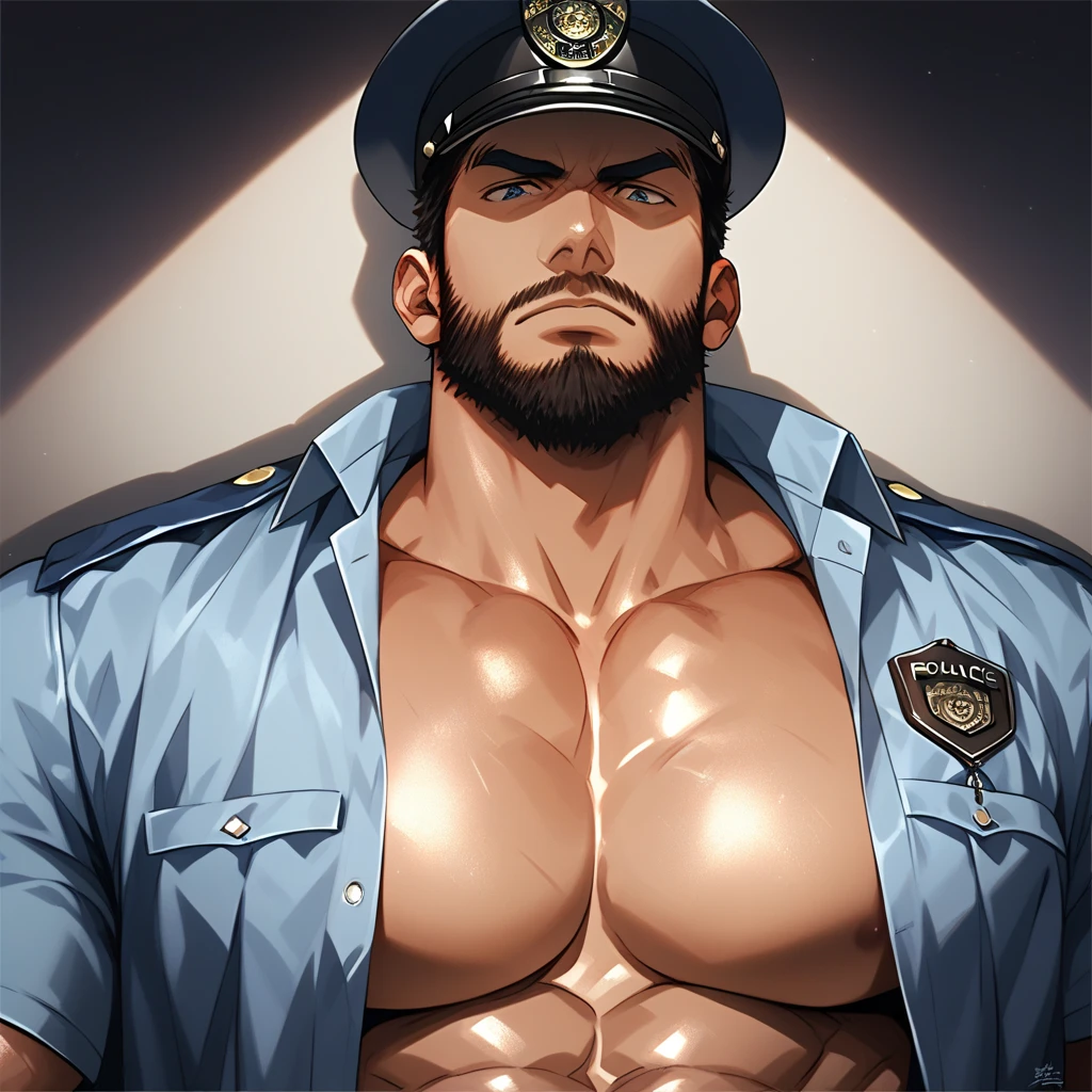 Best quality, masterpiece, ultra high res,detailed background,solo,male,bara,muscular,facial hair,mature male,thick thighs,looking at viewer,((police hat)),((alley)) ,photo of muscular bearded (man) in a worn ((skin-revealing skimpy erotic police uniform)), big arms, large bulge,erotic, exuding sexual energy, homoerotic, sharp focus, photo by greg rutkowski, soft lighting, vibrant colors, (masterpiece), (detailed face), looking at viewer, light smile