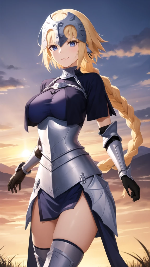 photorealistic, (4k), depth of field, (Masterpiece), (realistic skin texture), extremely detailed, intricate, hyper detailed, professional photography, bokeh, high resolution, sharp detail, best quality, girl, long hair, blonde hair, ponytail, blue eyes, white tank top, (samurai armor), gloves, knees to chest , dynamic pose, open highway, empty roads, happy, standing in the middle of the road, daylight, japanese architecture,