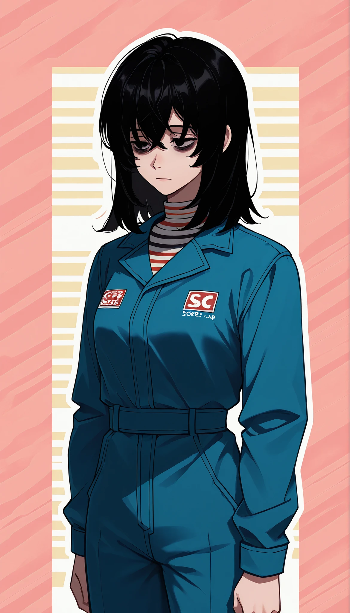 score_9, score_8_up, score_7_up, source_anime, solo, 1girl, mthwshanya, expressionless, looking at you, standing, medium hair, black hair, black eyes, bags under eyes, blue jumpsuit, long sleeves, striped shirt, abstract background