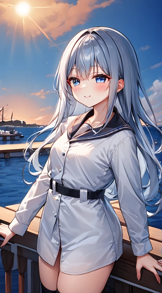 1 young adult woman, tall, Yahagi(Kantai collection), white skin, beautiful body, 2 human hands, five fingers, high long pony tail, standing style, hand on waist, on the sea, morning, beautiful sky, Masterpiece