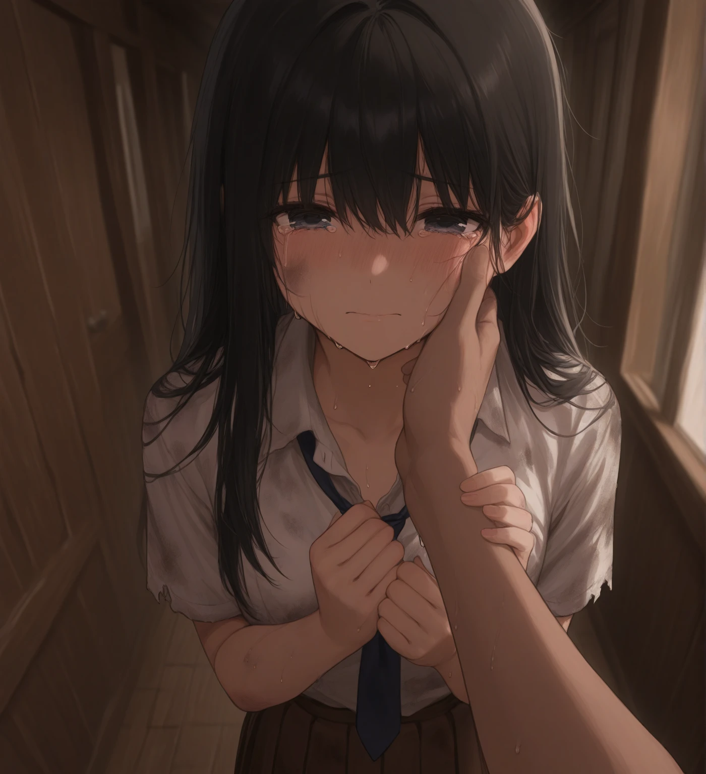 {artoria pendragon_fate ubw:1.15},(((black hair:1.5))), ((beautiful dark blue_eyes)), , ((Strong light )) , ((1 very tall girl:1.6)),, alone,((very surprised eyes:1.7)), hair between eyes,,, bare shoulders,, cleavage, thighhighs, ((( very long straight hair:1.5 ))), ((torn wet white open shirt, see-through:1.5)) , beautiful light, , close up face:0.2, detail navel , detail thin thigs, , ((sitting on silver liquid:1.8)),((Legs trembling)),
trouble eyebrow, ((wet white panties:1.7)) , nsfw,(ecstasy:1.8) ,(slut:1.6),(vulgarity:1.7),(fucked silly:1.8),(steam:1.5),(wet:1.5),(trembling:1.5),(((Holding one’s chest:1.7))) ,(drooling:0.6),(sweat:1.5),closed mouth:0.8, wince,(orgasm:1.7), trembling:1.8, beautiful upper body, Beautiful body, beautiful character design, perfect eyes, Perfect face, expressive eyes, Turning the face side to side,(church:1.5),in the center of the image, official art,High Definition CG Unity, Perfect lit, bright_front_face_lit, ,(Highest_quality:1.0),4k,Super detailed, photograph, 8K, nffsw, High resolution, absurd:1.2, kodak portrait 400, film grain, Lens flare, (lively_color:1.2) (beautiful,small breasts:1.4), (beautiful_face:1.3),(narrow_waist),((blush)), ((detail nipple)),,saber, dress, pony tail