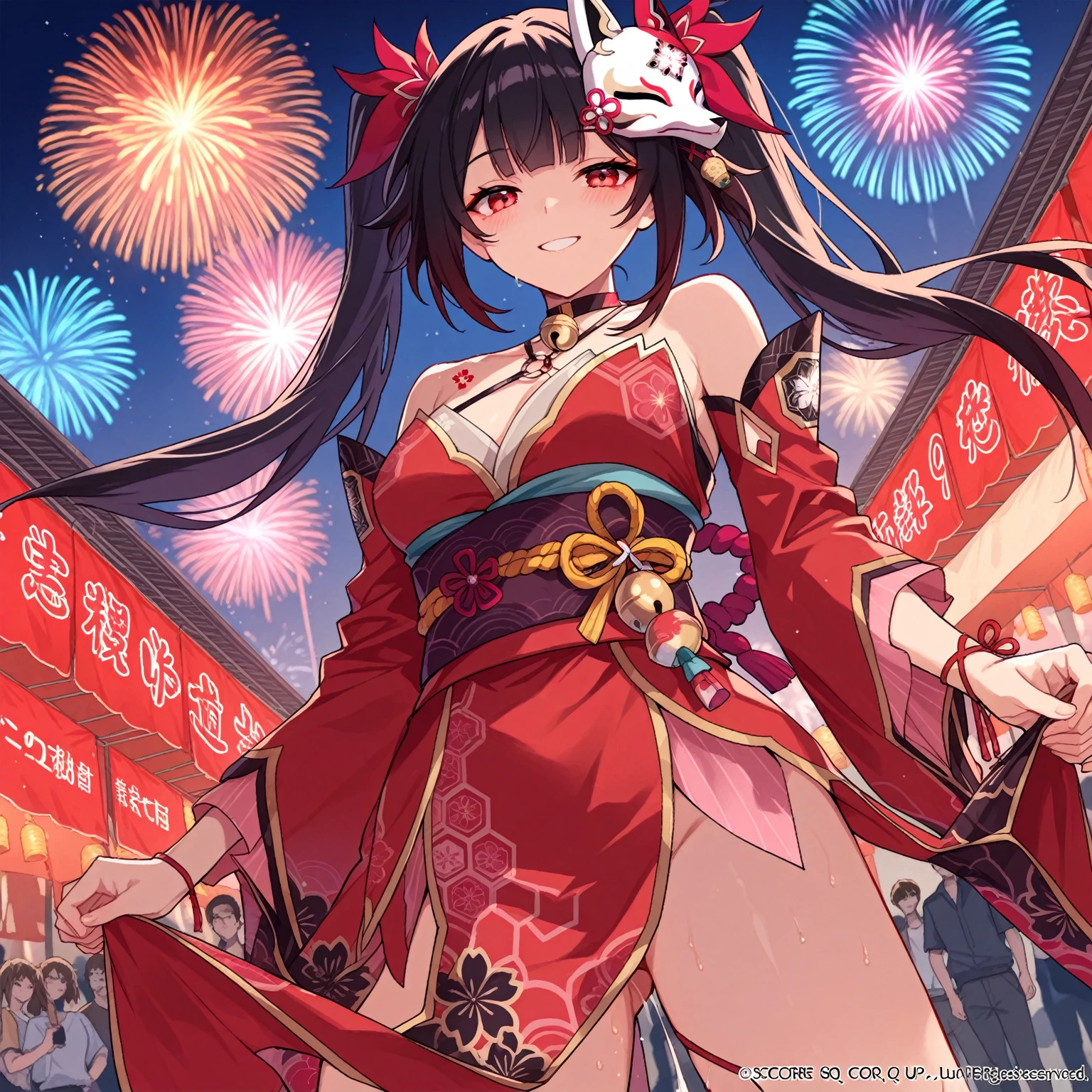 "anime girl, 1 person, black hair, shoulder length hair, red eyes, glasses, white horns, wearing kimono, kimono outfit, black kimono with red patterns, details, big breasts, long stockings, sinister smile  , small black wings on the back, solo, viewed from different directions, festival, New Year's Eve, New Year's Eve fireworks, watching fireworks (sharp image)"