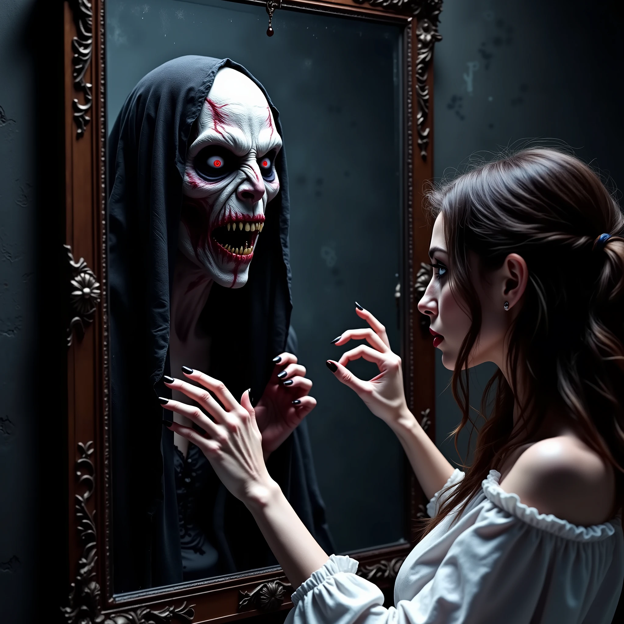 (masterpiece, best quality:1.2), horror scene, woman looks into a mirror and sees a demon staring back. Ultra-realistic, photo-realistic, ultra-detailed, physically-based rendering, spooky, scary, startling, bizarre, creepy, unnerving,freaky, odd, unusual, depressing, avant-garde, macabre, gothic, moody atmosphere, dramatic, masterpiece