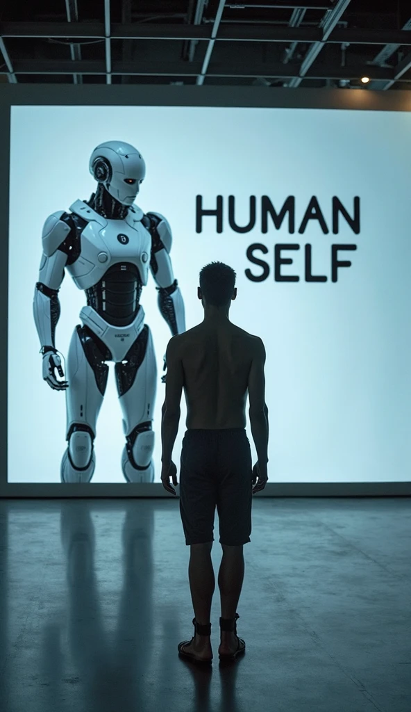 a handsome Indonesian man, clean face neat black short spiky hair, athletic big body,wearing a singlet that says Afn,holding a screwdriver and installing batteries, opening the back to repair a female human robot that looks real like a real human, in the workroomfull of workshop equipment and electronics,bright lighting,very detailed and real"