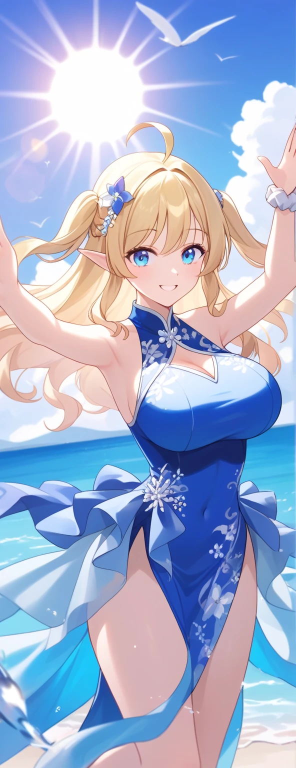 Anime illustration、highest quality、Sandy Beach、Image Video、Idol、Perfect proportions、leotard、Overwhelmingly large breasts、Very thick legs、Beautiful, shining eyes、Blushed、smile、Cowboy Shot