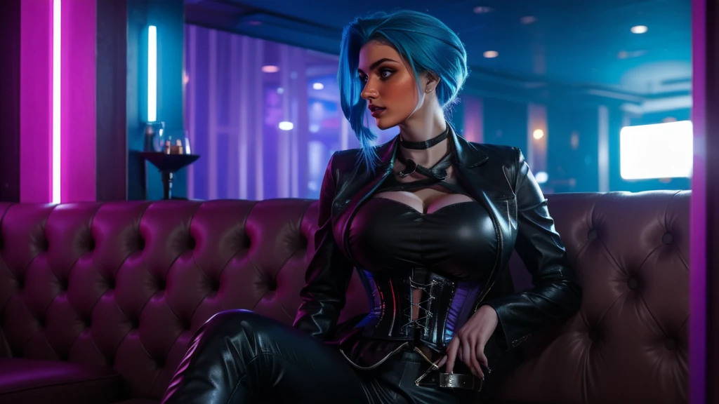 1 garota, shot of beautiful young women, blue haired medium hair, fantasy, olhando para o espectador, roupa de latex preta colada, Cabelos ao vento, noite, sexy pose, volumetric lighting, melhor qualidade, obra de arte, detalhes intrincados, mapeamento de tom, sharp focus, hiper detalhado, trends on artstation, Ada, realista, corpo todo