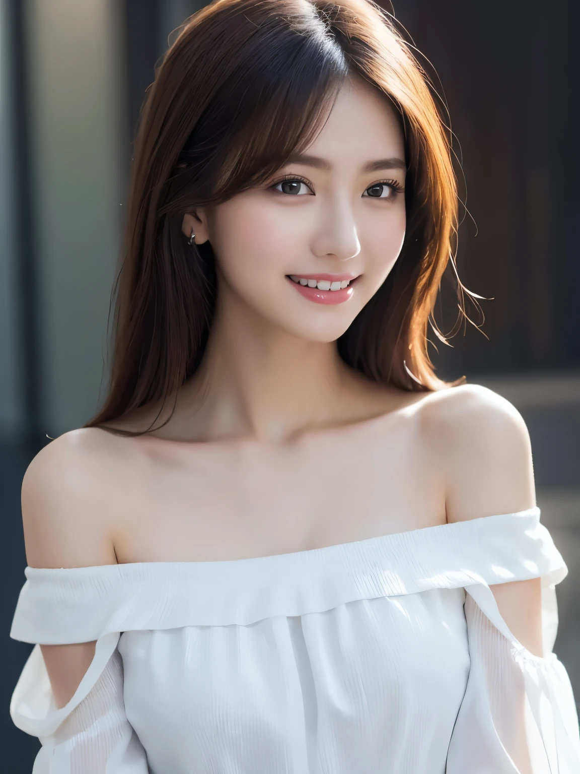 best quality。8K-Picture。sharp-focus。Close-up alone。Girls who look good in summer berets, Long wavy hair。Girl looking good in white shirt and rough clothes in jeans shorts。HugeBoobs。Slender and slender waist。Very delicately drawn face and skin、Breast texture。Detailed eye construction。Double eyelids。detail detail、and delicately depicted body balance。Boyish but busty。Smile slightly。