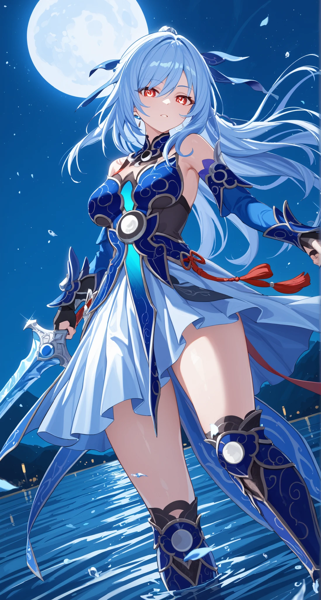 nsfw,Jingliu,glass cover,side shot,alternate color,masterpiece,detailed illustration,lifelike,{{{1Jingliu}}},shiny beautiful woman,cinematic lighting,dynamic angle,dynamic pose,depth of field,looking at viewer,1girl,jgsd,red eyes,glowing eyes,bright pupils,blue armored dress,white skirt,tassels,hair ribbon,black gloves,blue sleeves,armored boots,light blue skirt,lake,dark,night,dark night,darknight sky,crescent moon,fighting stance,holding an Ice sword,expressionless,standing,contrapposto,arched back,open legs,from below,thigh focus