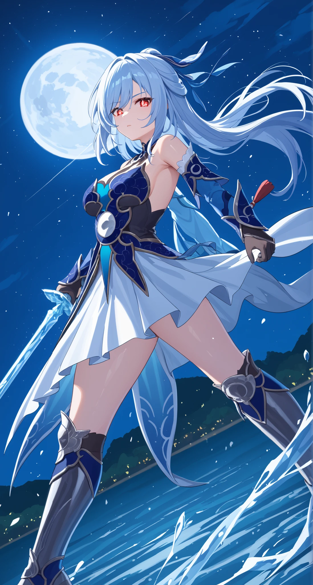 nsfw,Jingliu,glass cover,side shot,alternate color,masterpiece,detailed illustration,lifelike,{{{1Jingliu}}},shiny beautiful woman,cinematic lighting,dynamic angle,dynamic pose,depth of field,looking at viewer,1girl,jgsd,red eyes,glowing eyes,bright pupils,blue armored dress,white skirt,tassels,hair ribbon,black gloves,blue sleeves,armored boots,light blue skirt,lake,dark,night,dark night,darknight sky,crescent moon,fighting stance,holding an Ice sword,expressionless,standing,contrapposto,arched back,open legs,from below,thigh focus