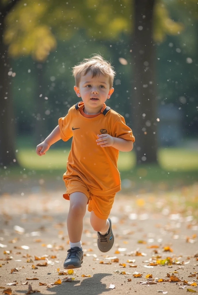 Child player Lionel Messi on a dirt field in a forest