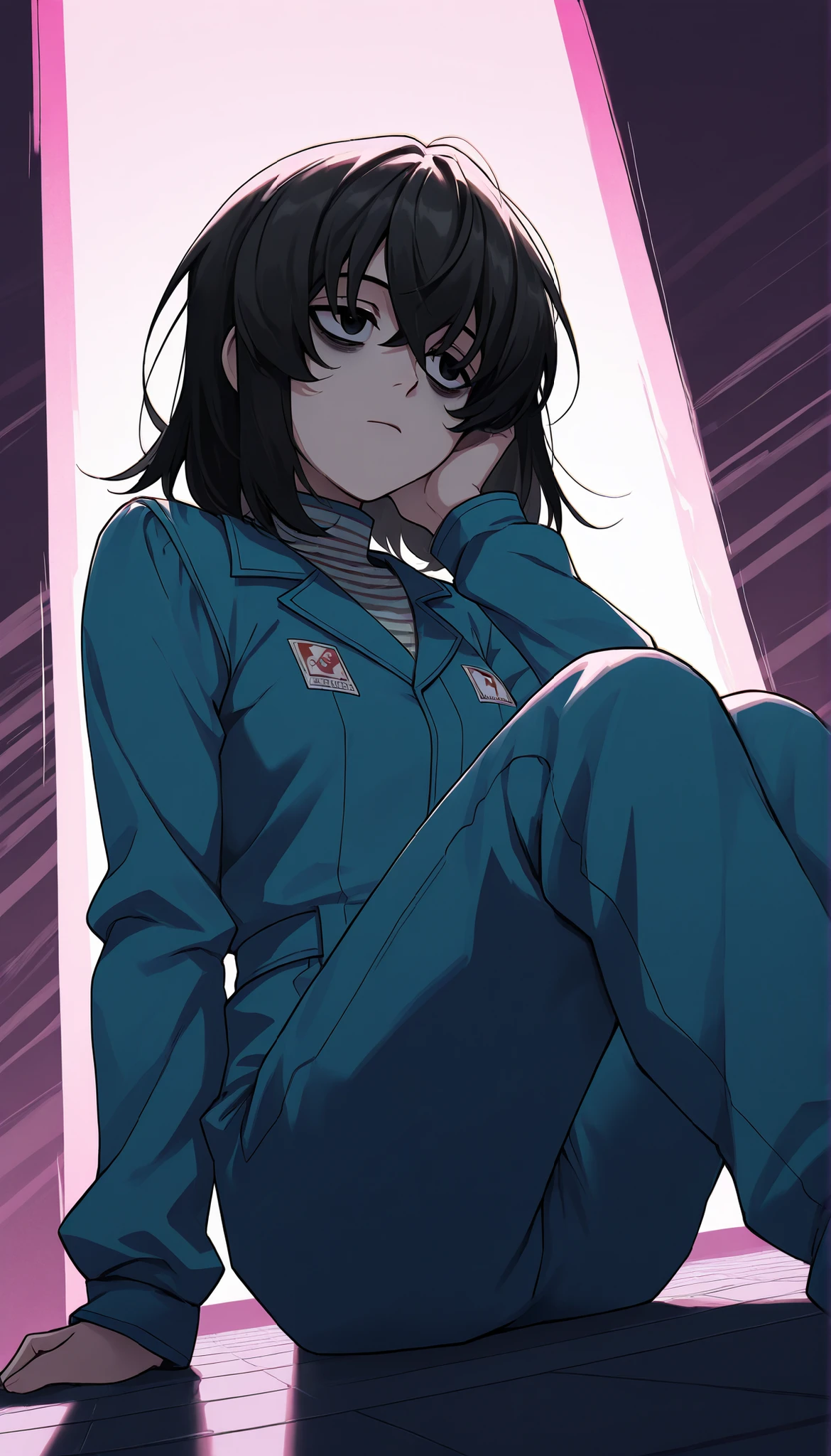 score_9, score_8_up, score_7_up, source_anime, solo, 1girl, mthwshanya, expressionless, looking at you, medium hair, black hair, black eyes, bags under eyes, blue jumpsuit, long sleeves, striped shirt, abstract background, sitting on the floor, dynamic angle
