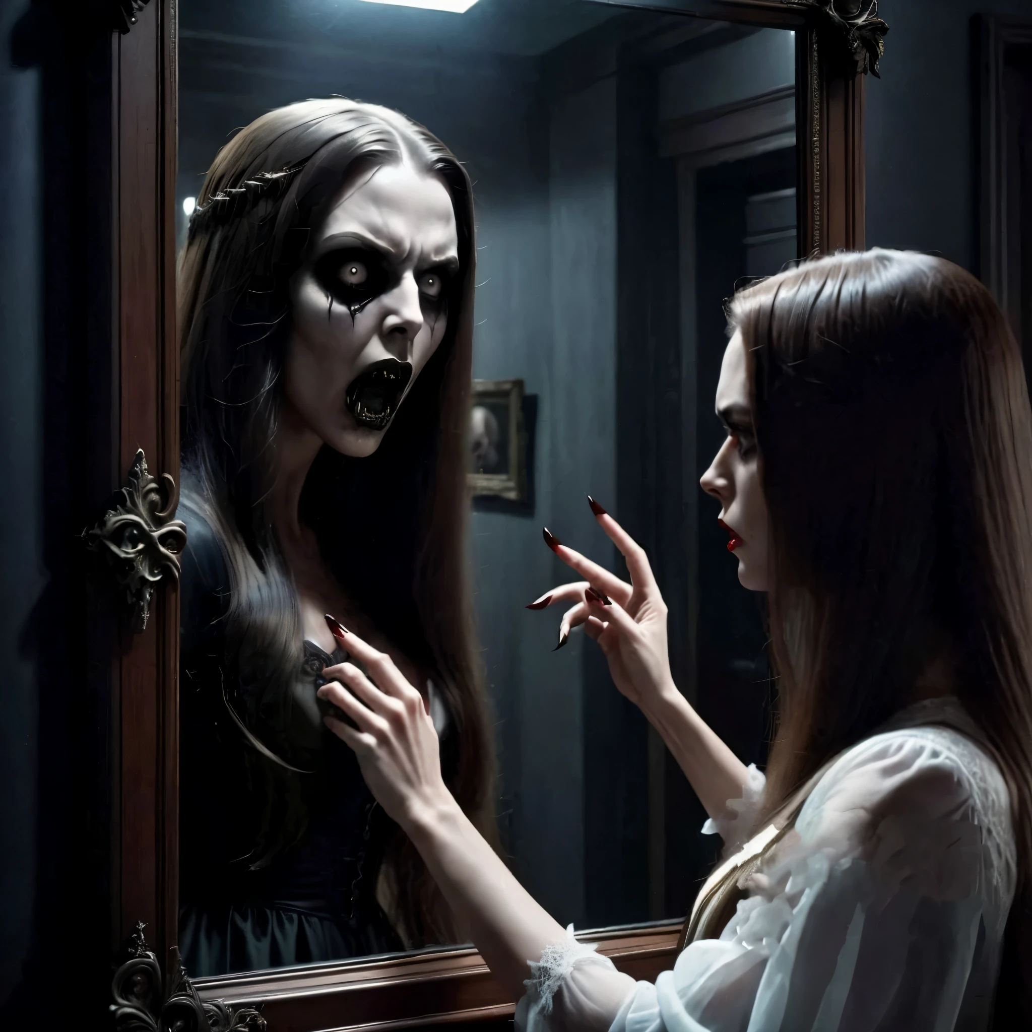 (masterpiece, best quality:1.2), horror scene, woman looks into a mirror and sees someone who is not her staring back. Ultra-realistic, photo-realistic, ultra-detailed, physically-based rendering, spooky, scary, startling, bizarre, creepy, unnerving,freaky, odd, unusual, depressing, avant-garde, macabre, gothic, moody atmosphere, dramatic, masterpiece