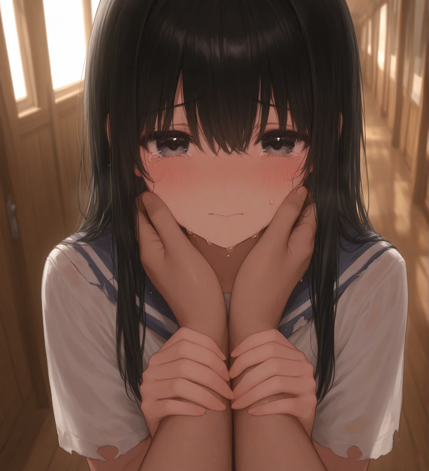 There are transparent male genitalia(masterpiece、Highly detailed 8K CG、Sharp lines)、1 pretty lady、Twin-tailed hair、(Detailed thin lace minibra、Detailed thin lace T-back panties)、Gray eyes、cute little、A sexy、(From above、POV:1.3)、(crouching down、Slouched、sface focus、Mouth wide open)、 (oral 、Breast :1.4)、Facial sperm、sexual excitement、Nasal blush、nipple erect、Bukkake、((Holding transparent male genitalia in hand))、Wet and see-through、Small hard nipple erection:1.4、 through、Look at the viewer、full of shyness、(very slender body、small tits)、cleavage of the breast、