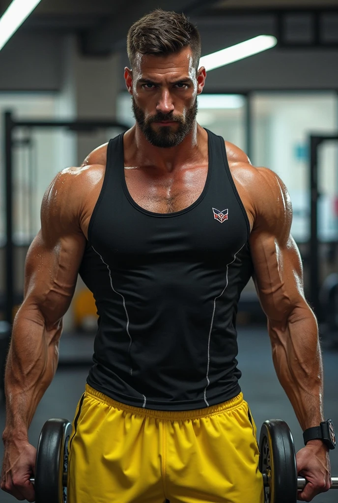 a very handsome young man, massively muscular, with massively large muscles, with massively large biceps, with massively large arms, wearing a plain gray shirt, in front of an interrogation table, on a black background