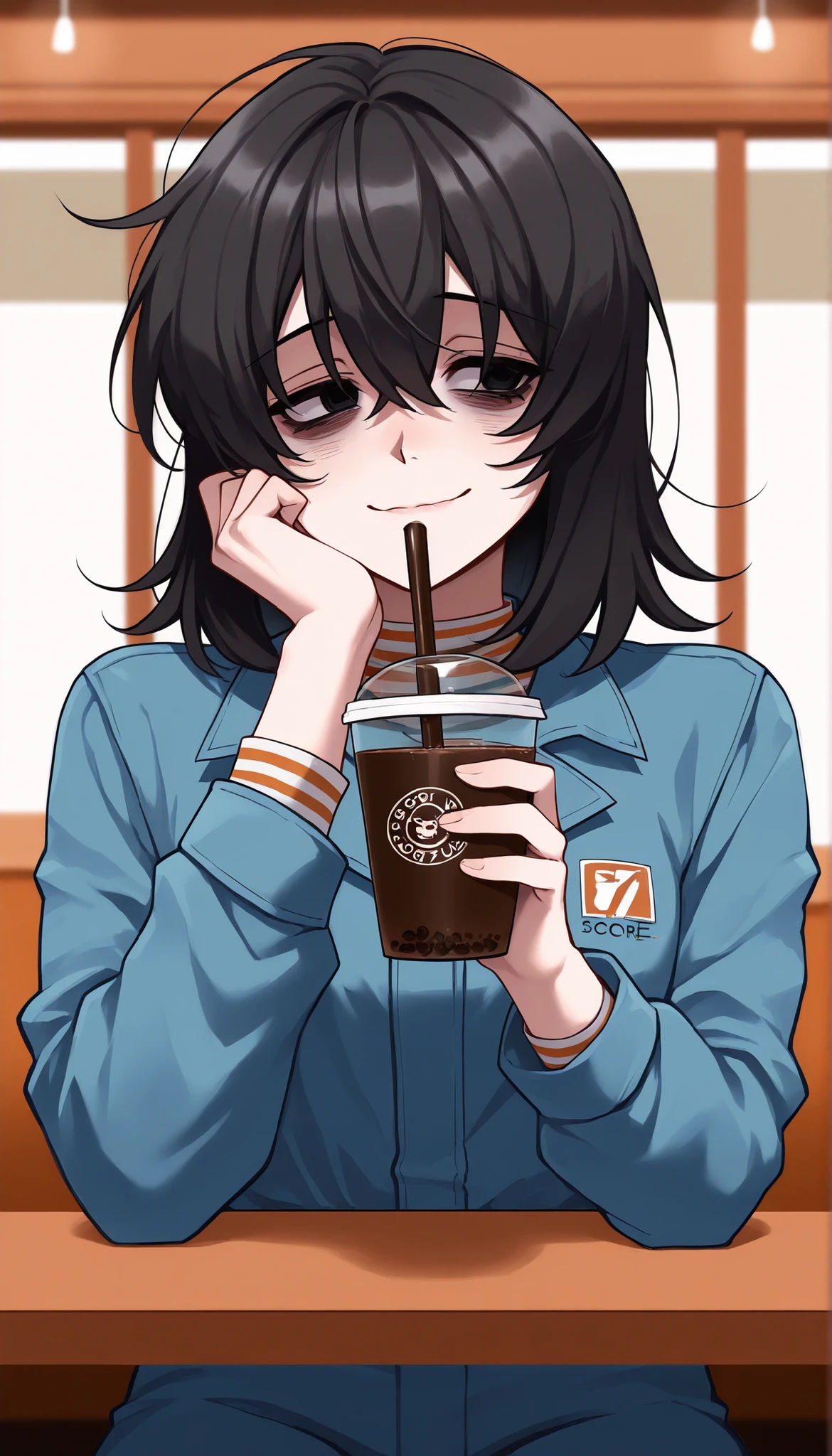 score_9, score_8_up, score_7_up, source_anime, solo, 1girl, mthwshanya, shy smile, looking at you, drinking boba tea, medium hair, black hair, black eyes, bags under eyes, blue jumpsuit, long sleeves, striped shirt, cafe background