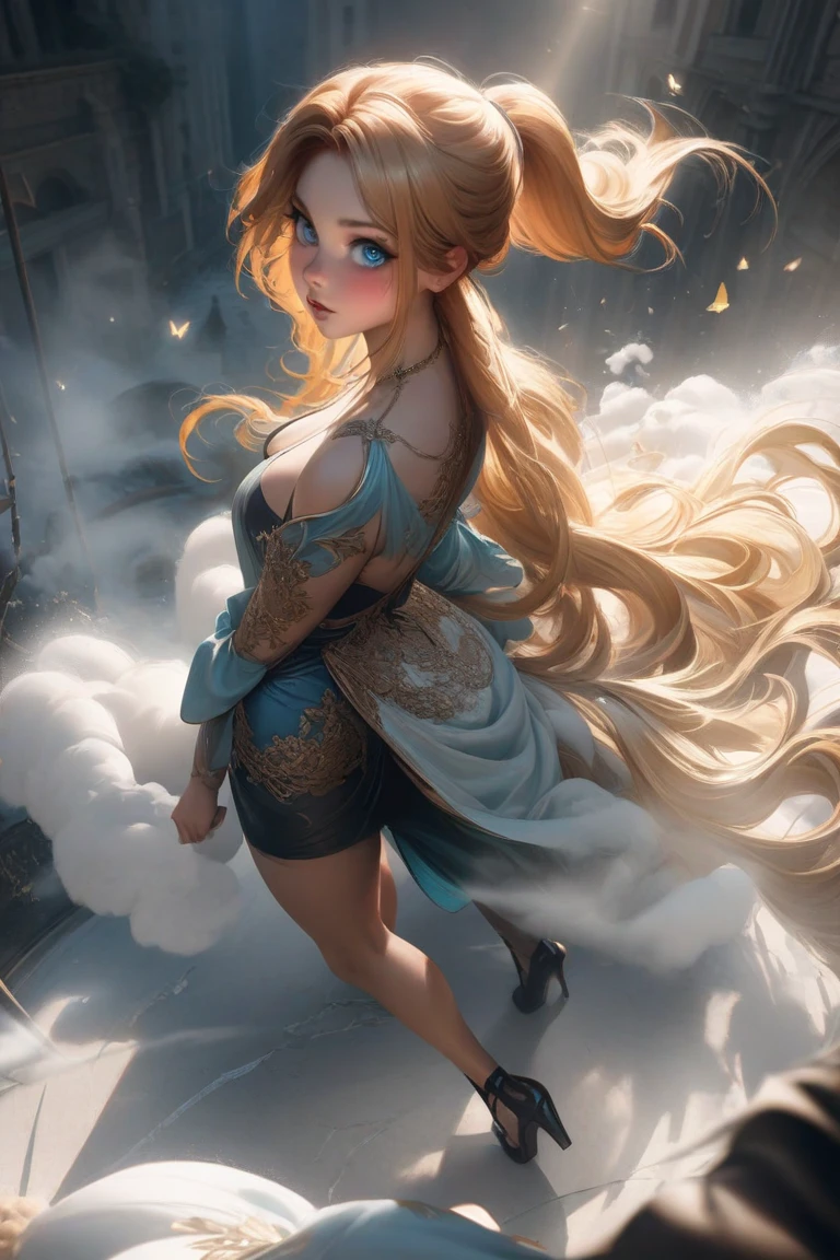 ((zelda)), 1 girl, beautiful face, Princess, wearing transparent white dress without underwear, full body view, long blonde hair, fantasy castle landscape, no underwear, slim body, long legs, wearing high heels, shiny skin, ((bare butt))