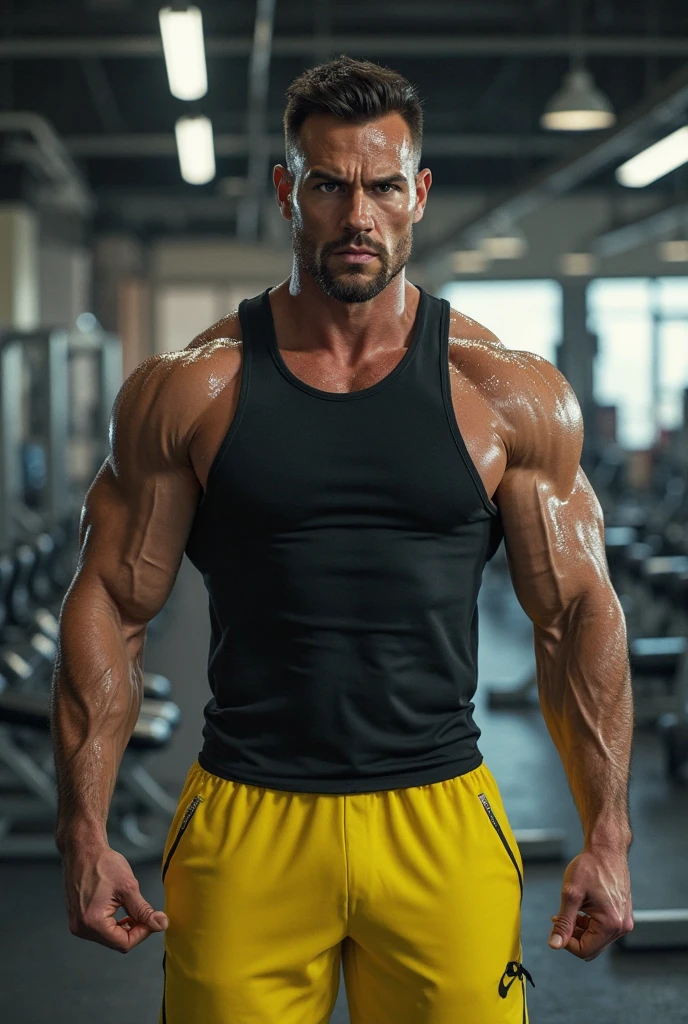 a very handsome young man, massively muscular, with massively large muscles, with massively large biceps, with massively large muscular arms, wearing a simple gray sweatshirt with long sleeves, in front of an interrogation table on a black background