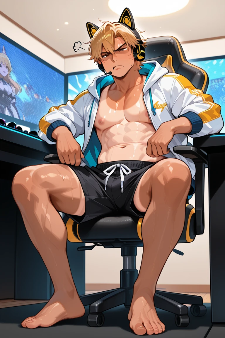 Homme musclé blond avec les cheveux longs attachés en queue de cheval. Il a les yeux bleus et blanc peau. C'est un chomeur qui vit dans un appartement miteux. Il a un peu de barde sur le menton, a gaming headset on your head, il porte des vêtements. Il a des blessures sur le corps