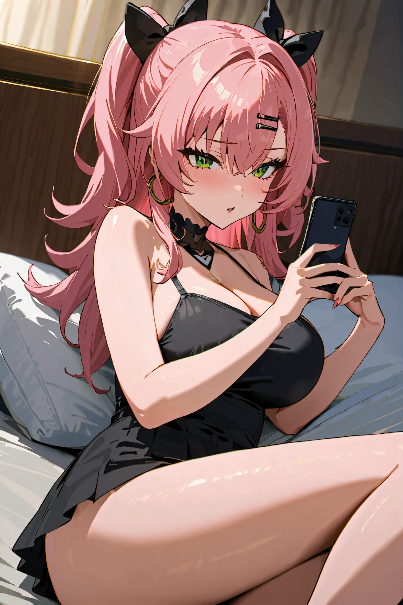 ((Nicole Demara)),nude,
score_9, score_8_up , score_7_up , score_6_up , score_5_up ,
(masterpiece, best quality),ultra detailed,
warm lighting, rim light, megami magazine,
BREAK
1 girl,ZenlessZoneZero,
Two_side_up,nicole_start,pink hair,hair_ribbon, green eyes,moist eyes, eyelashes, eye shadow, eyeliners,
large breasts, cleavage,full body,
BREAK
(best quality), (beautiful), (masterpiece) ,
, 1girl, hair bow, camisole, lying on bed, Looking at a smartphone,