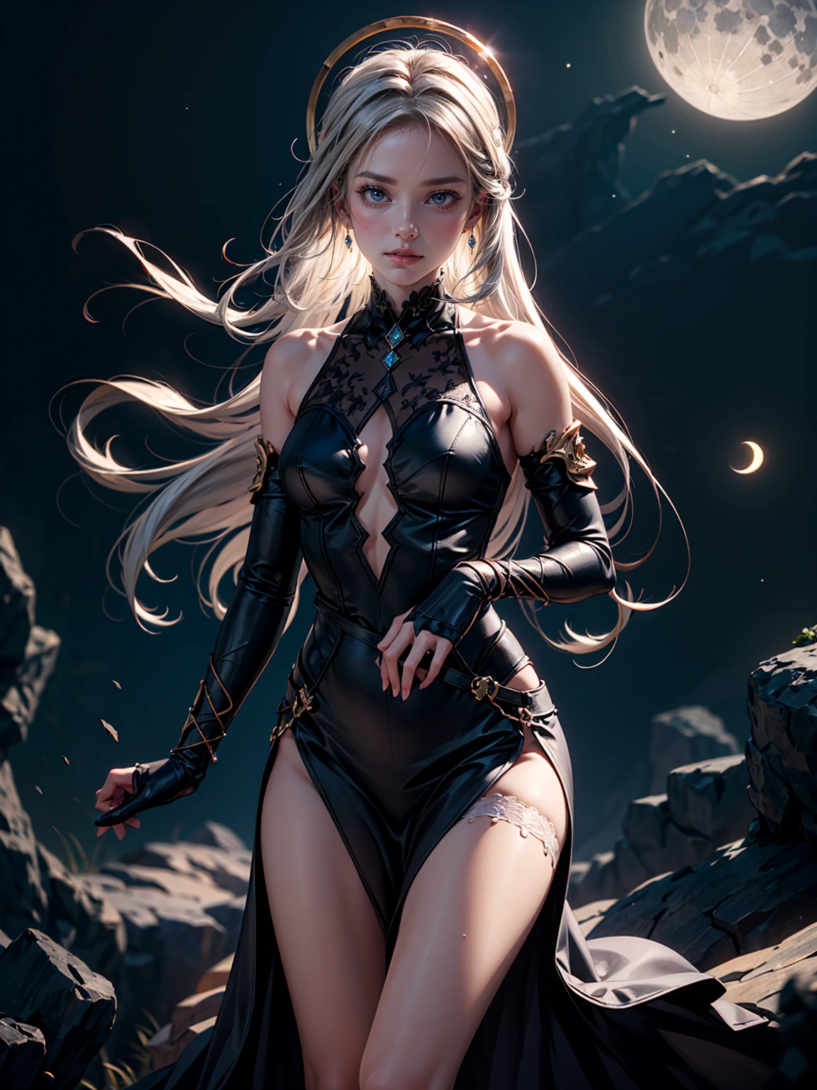 Close up of 1 (((Asian girl))), pale skin, skinny, young girl, vampire, barbarian, fantasy setting, dnd character art, unimpressed expression, platinum blonde, vampire teeth. show her laying on a beach at night, detailed face, detailed eyes, blue eyes, mascara, eyeliner, outlines of ribs, very skinny, wearing black silk bikini, moonlight illuminates the scene, (((sunken cheeks))), Asian, unimpressed, unhappy, angry, rainbow shimmer on hair, pov from the side